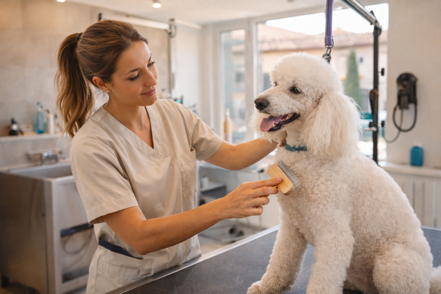 Toelettatore al lavoro con un cane